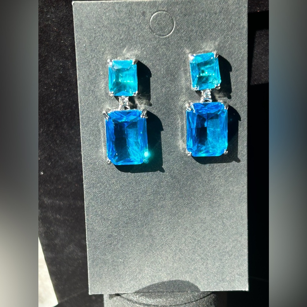 #458 - Blue Rectangular Rhinestone Post Dangle Earrings - Picture 5 of 7